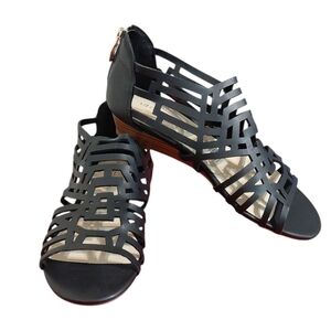 NEW Liz Claiborne Black Caged Leather Sandals Black Strappy Wedge Sandals Size 6
